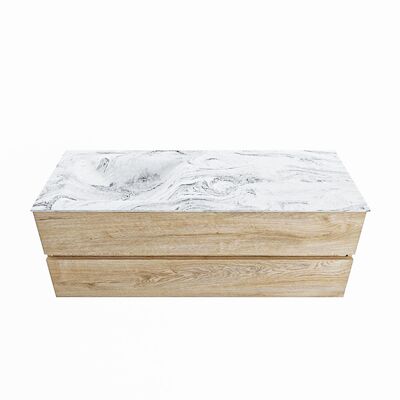 MONDIAZ VICA-DLUX 130cm badmeubel onderkast Washed Oak 2 lades. Inbouw wastafel CLOUD links 1 kraangat, kleur Glace.