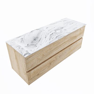 MONDIAZ VICA-DLUX 130cm badmeubel onderkast Washed Oak 2 lades. Inbouw wastafel CLOUD links zonder kraangat, kleur Glace, en spiegel model SPOT