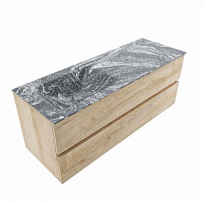 MONDIAZ VICA-DLUX 130cm badmeubel onderkast Washed Oak 2 lades. Inbouw wastafel CLOUD links zonder kraangat, kleur Lava, en spiegel model SPOT