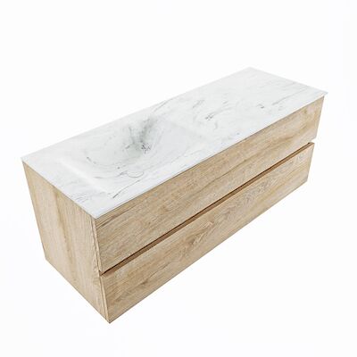 MONDIAZ VICA-DLUX 130cm badmeubel onderkast Washed Oak 2 lades. Inbouw wastafel CLOUD links zonder kraangat, kleur Opalo, en spiegel model SPOT