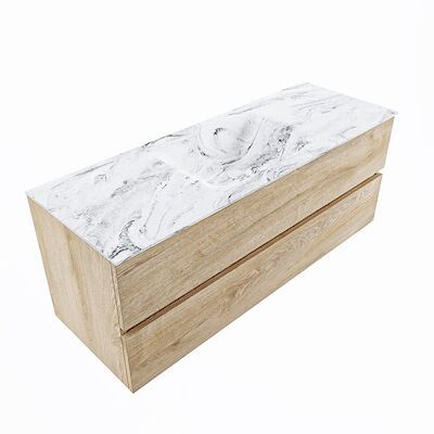 MONDIAZ VICA-DLUX 130cm badmeubel onderkast Washed Oak 2 lades. Inbouw wastafel CLOUD midden 1 kraangat, kleur Glace, en spiegel model SPOT