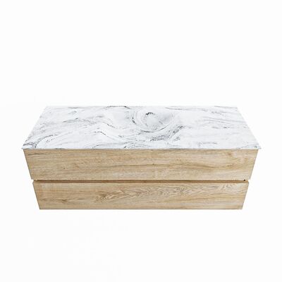 MONDIAZ VICA-DLUX 130cm badmeubel onderkast Washed Oak 2 lades. Inbouw wastafel CLOUD midden 1 kraangat, kleur Glace.