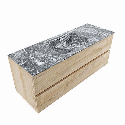 MONDIAZ VICA-DLUX 130cm badmeubel onderkast Washed Oak 2 lades. Inbouw wastafel CLOUD midden zonder kraangat, kleur Lava, en spiegel model SPOT
