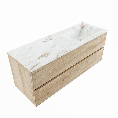 MONDIAZ VICA-DLUX 130cm badmeubel onderkast Washed Oak 2 lades. Inbouw wastafel CLOUD rechts 1 kraangat, kleur Frappe, en spiegel model SPOT