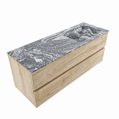 MONDIAZ VICA-DLUX 130cm badmeubel onderkast Washed Oak 2 lades. Inbouw wastafel CLOUD rechts 1 kraangat, kleur Lava, en spiegel model SPOT
