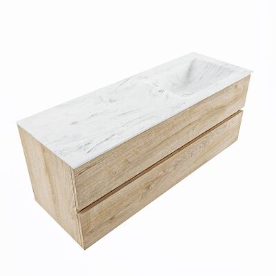 MONDIAZ VICA-DLUX 130cm badmeubel onderkast Washed Oak 2 lades. Inbouw wastafel CLOUD rechts zonder kraangat, kleur Opalo, en spiegel model SPOT