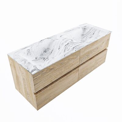 MONDIAZ VICA-DLUX 130cm badmeubel onderkast Washed Oak 4 lades. Inbouw wastafel CLOUD dubbel 2 kraangaten, kleur Glace, en spiegel model SPOT