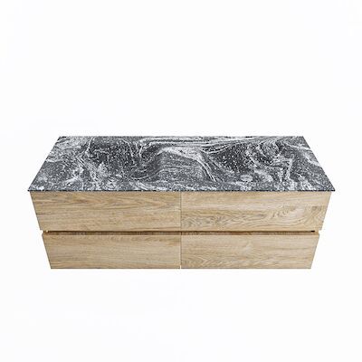 MONDIAZ VICA-DLUX 130cm badmeubel onderkast Washed Oak 4 lades. Inbouw wastafel CLOUD dubbel 2 kraangaten, kleur Lava.