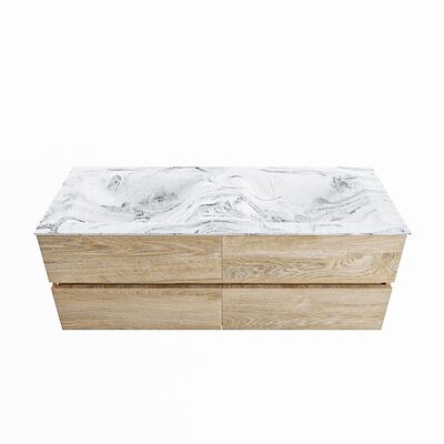MONDIAZ VICA-DLUX 130cm badmeubel onderkast Washed Oak 4 lades. Inbouw wastafel CLOUD dubbel zonder kraangat, kleur Glace.