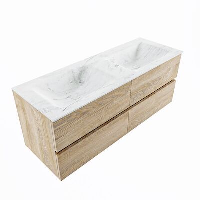 MONDIAZ VICA-DLUX 130cm badmeubel onderkast Washed Oak 4 lades. Inbouw wastafel CLOUD dubbel zonder kraangat, kleur Opalo, en spiegel model SPOT
