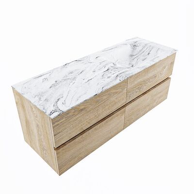 MONDIAZ VICA-DLUX 130cm badmeubel onderkast Washed Oak 4 lades. Inbouw wastafel CLOUD rechts 1 kraangat, kleur Glace, en spiegel model SPOT