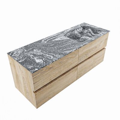 MONDIAZ VICA-DLUX 130cm badmeubel onderkast Washed Oak 4 lades. Inbouw wastafel CLOUD rechts 1 kraangat, kleur Lava, en spiegel model SPOT