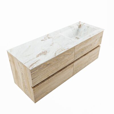 MONDIAZ VICA-DLUX 130cm badmeubel onderkast Washed Oak 4 lades. Inbouw wastafel CLOUD rechts zonder kraangat, kleur Frappe, en spiegel model SPOT