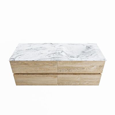 MONDIAZ VICA-DLUX 130cm badmeubel onderkast Washed Oak 4 lades. Inbouw wastafel CLOUD rechts zonder kraangat, kleur Glace.