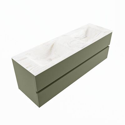 MONDIAZ VICA-DLUX 150cm badmeubel onderkast Army 2 lades. Inbouw wastafel CLOUD dubbel zonder kraangat, kleur Ostra, en spiegel model SPOT