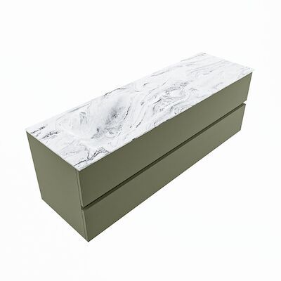 MONDIAZ VICA-DLUX 150cm badmeubel onderkast Army 2 lades. Inbouw wastafel CLOUD links 1 kraangat, kleur Glace, en spiegel model SPOT