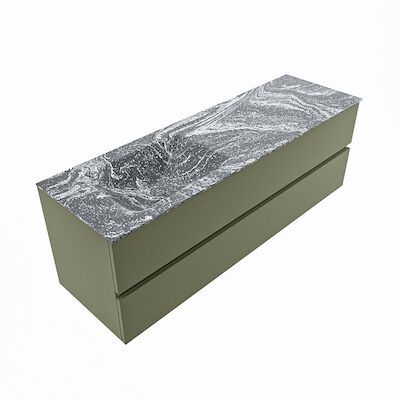 MONDIAZ VICA-DLUX 150cm badmeubel onderkast Army 2 lades. Inbouw wastafel CLOUD links zonder kraangat, kleur Lava, en spiegel model SPOT