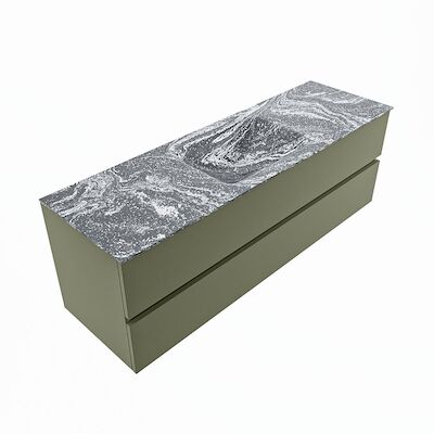 MONDIAZ VICA-DLUX 150cm badmeubel onderkast Army 2 lades. Inbouw wastafel CLOUD midden 1 kraangat, kleur Lava, en spiegel model SPOT