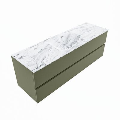 MONDIAZ VICA-DLUX 150cm badmeubel onderkast Army 2 lades. Inbouw wastafel CLOUD midden zonder kraangat, kleur Glace, en spiegel model SPOT
