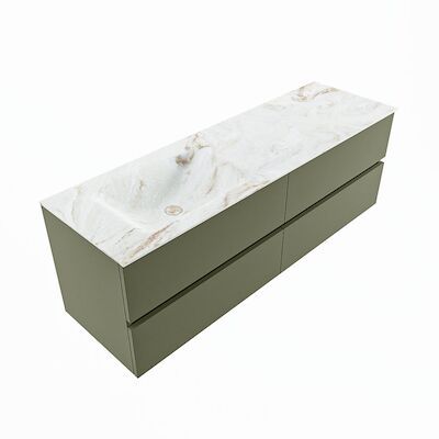 MONDIAZ VICA-DLUX 150cm badmeubel onderkast Army 4 lades. Inbouw wastafel CLOUD links zonder kraangat, kleur Frappe, en spiegel model SPOT