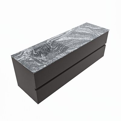 MONDIAZ VICA-DLUX 150cm badmeubel onderkast Dark grey 2 lades. Inbouw wastafel CLOUD links 1 kraangat, kleur Lava, en spiegel model SPOT