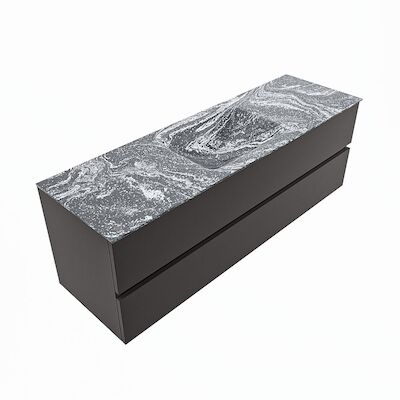 MONDIAZ VICA-DLUX 150cm badmeubel onderkast Dark grey 2 lades. Inbouw wastafel CLOUD midden zonder kraangat, kleur Lava, en spiegel model SPOT