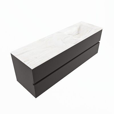 MONDIAZ VICA-DLUX 150cm badmeubel onderkast Dark grey 2 lades. Inbouw wastafel CLOUD rechts 1 kraangat, kleur Ostra, en spiegel model SPOT