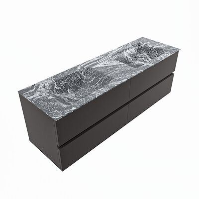 MONDIAZ VICA-DLUX 150cm badmeubel onderkast Dark grey 4 lades. Inbouw wastafel CLOUD dubbel zonder kraangat, kleur Lava, en spiegel model SPOT
