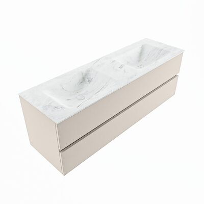 MONDIAZ VICA-DLUX 150cm badmeubel onderkast Linen 2 lades. Inbouw wastafel CLOUD dubbel 2 kraangaten, kleur Opalo, en spiegel model SPOT