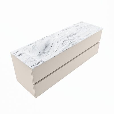 MONDIAZ VICA-DLUX 150cm badmeubel onderkast Linen 2 lades. Inbouw wastafel CLOUD links 1 kraangat, kleur Glace, en spiegel model SPOT