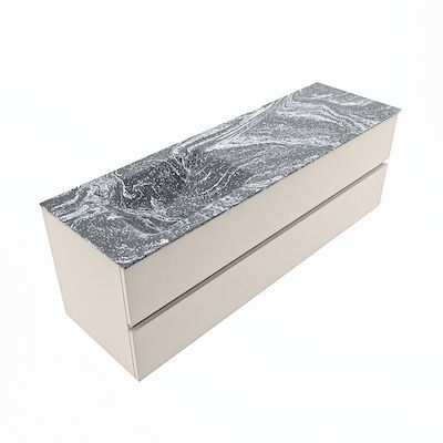MONDIAZ VICA-DLUX 150cm badmeubel onderkast Linen 2 lades. Inbouw wastafel CLOUD links zonder kraangat, kleur Lava, en spiegel model SPOT