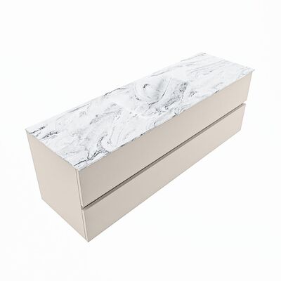 MONDIAZ VICA-DLUX 150cm badmeubel onderkast Linen 2 lades. Inbouw wastafel CLOUD midden 1 kraangat, kleur Glace, en spiegel model SPOT