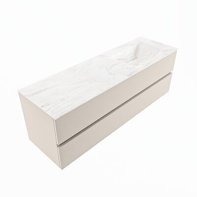 MONDIAZ VICA-DLUX 150cm badmeubel onderkast Linen 2 lades. Inbouw wastafel CLOUD rechts zonder kraangat, kleur Ostra, en spiegel model SPOT