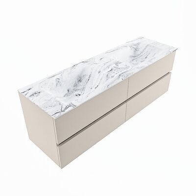 MONDIAZ VICA-DLUX 150cm badmeubel onderkast Linen 4 lades. Inbouw wastafel CLOUD dubbel zonder kraangat, kleur Glace, en spiegel model SPOT