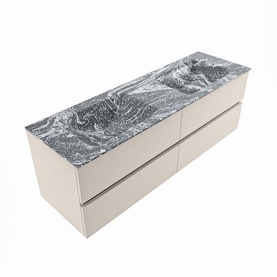 MONDIAZ VICA-DLUX 150cm badmeubel onderkast Linen 4 lades. Inbouw wastafel CLOUD dubbel zonder kraangat, kleur Lava, en spiegel model SPOT