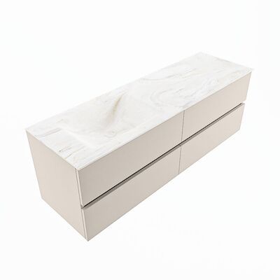 MONDIAZ VICA-DLUX 150cm badmeubel onderkast Linen 4 lades. Inbouw wastafel CLOUD links 1 kraangat, kleur Ostra, en spiegel model SPOT