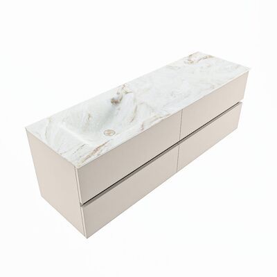 MONDIAZ VICA-DLUX 150cm badmeubel onderkast Linen 4 lades. Inbouw wastafel CLOUD links zonder kraangat, kleur Frappe, en spiegel model SPOT