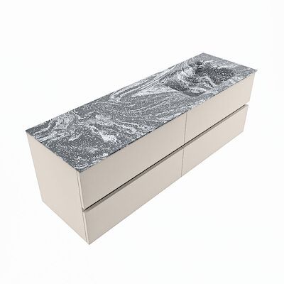 MONDIAZ VICA-DLUX 150cm badmeubel onderkast Linen 4 lades. Inbouw wastafel CLOUD rechts 1 kraangat, kleur Lava, en spiegel model SPOT