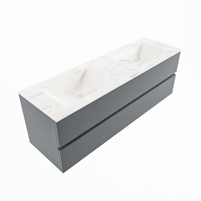 MONDIAZ VICA-DLUX 150cm badmeubel onderkast Plata 2 lades. Inbouw wastafel CLOUD dubbel zonder kraangat, kleur Ostra, en spiegel model SPOT