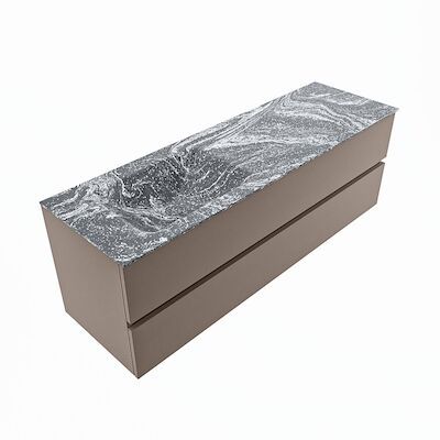 MONDIAZ VICA-DLUX 150cm badmeubel onderkast Smoke 2 lades. Inbouw wastafel CLOUD links zonder kraangat, kleur Lava, en spiegel model SPOT