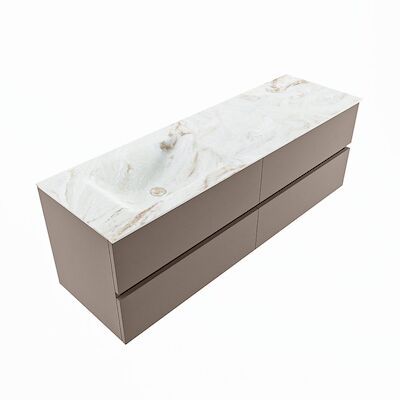 MONDIAZ VICA-DLUX 150cm badmeubel onderkast Smoke 4 lades. Inbouw wastafel CLOUD links 1 kraangat, kleur Frappe, en spiegel model SPOT