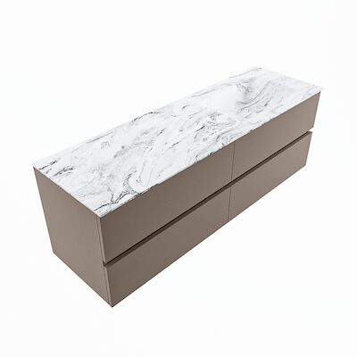 MONDIAZ VICA-DLUX 150cm badmeubel onderkast Smoke 4 lades. Inbouw wastafel CLOUD rechts zonder kraangat, kleur Glace, en spiegel model SPOT