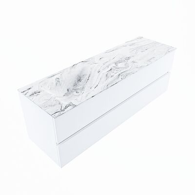 MONDIAZ VICA-DLUX 150cm badmeubel onderkast Talc 2 lades. Inbouw wastafel CLOUD links zonder kraangat, kleur Glace, en spiegel model SPOT