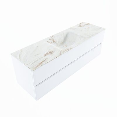 MONDIAZ VICA-DLUX 150cm badmeubel onderkast Talc 2 lades. Inbouw wastafel CLOUD midden zonder kraangat, kleur Frappe, en spiegel model SPOT