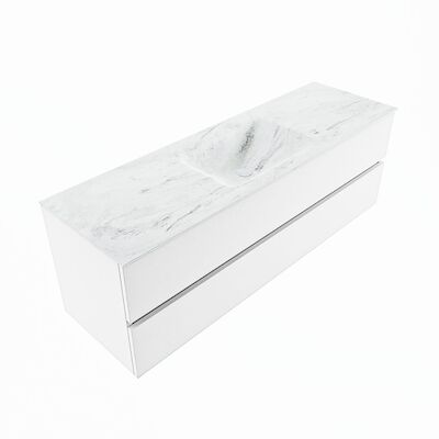 MONDIAZ VICA-DLUX 150cm badmeubel onderkast Talc 2 lades. Inbouw wastafel CLOUD midden zonder kraangat, kleur Opalo, en spiegel model SPOT
