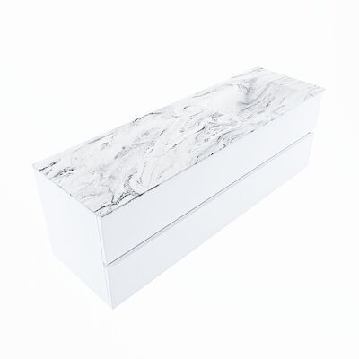 MONDIAZ VICA-DLUX 150cm badmeubel onderkast Talc 2 lades. Inbouw wastafel CLOUD rechts zonder kraangat, kleur Glace, en spiegel model SPOT