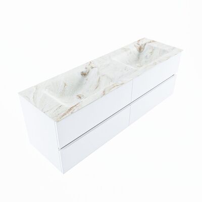 MONDIAZ VICA-DLUX 150cm badmeubel onderkast Talc 4 lades. Inbouw wastafel CLOUD dubbel zonder kraangat, kleur Frappe, en spiegel model SPOT