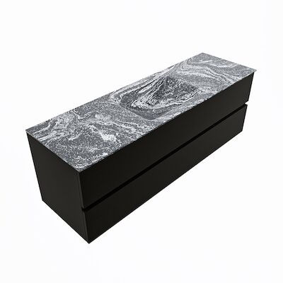 MONDIAZ VICA-DLUX 150cm badmeubel onderkast Urban 2 lades. Inbouw wastafel CLOUD midden zonder kraangat, kleur Lava, en spiegel model SPOT
