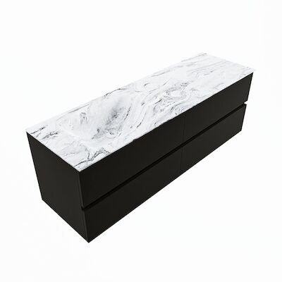 MONDIAZ VICA-DLUX 150cm badmeubel onderkast Urban 4 lades. Inbouw wastafel CLOUD links 1 kraangat, kleur Glace, en spiegel model SPOT