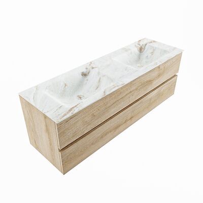 MONDIAZ VICA-DLUX 150cm badmeubel onderkast Washed Oak 2 lades. Inbouw wastafel CLOUD dubbel zonder kraangat, kleur Frappe, en spiegel model SPOT